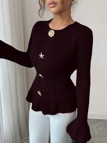 SHEIN Elenzya Women's Elegant Metal Buckle Cuff & Ruffle Hem Design Long Sleeve Sweater, Autumn/Winter - Red Violet - View 5