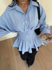 Siren Gaze Áo peplum kẻ sọc thường ngày cho nữ, tay cánh dơi, phù hợp để đi làm và đi chơi, mùa xuân/thu - Màu xanh lam - Xem 3