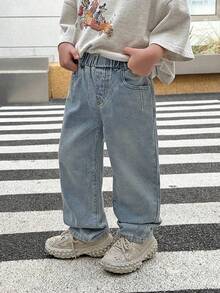 SHEIN 男童复古休闲水洗宽松蓝色牛仔裤，秋冬日常穿着，圣诞节，新年，感恩节，街头风牛仔裤