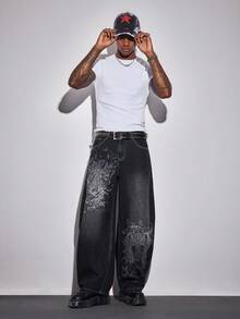 ROMWE MEN Goth 男士十字翼图案口袋休闲复古做旧牛仔裤 - 黑色 - 查看 7