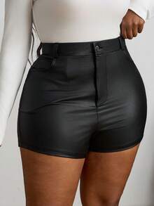 SHEIN PETITE CURVE Große Größen einfarbige Shorts mit schräger Tasche und hoher Taille aus PU-Leder - Schwarz - Übersicht 5