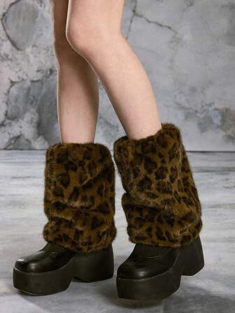Goth 1 Paar Y2K Retro Fellimitat Leopardenmuster Beinwärmer, modischer minimalistischer Wildstil, geeignet für Pendeln, Schule, Einkaufen, Partys, Halloween, Weihnachten und andere Anlässe