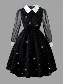 SHEIN Women's Vintage White Collar Back Open Teardrop Velvet Foil Fabric Mesh Sleeve Cuff Design Elastic Waist Mini Dress, Autumn/Winter - Black - View 1
