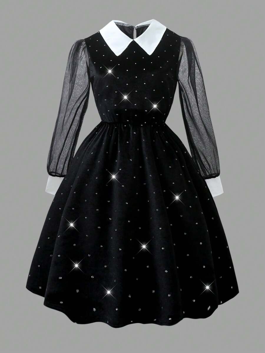SHEIN Women's Vintage White Collar Back Open Teardrop Velvet Foil Fabric Mesh Sleeve Cuff Design Elastic Waist Mini Dress, Autumn/Winter - Black - View 1