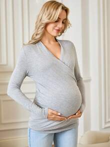 SHEIN Tricou maternitate cu mânecă lungă, croială slim, confortabil, culoare solidă