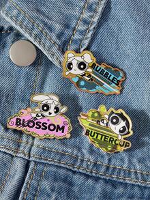 THE POWERPUFF GIRLS X SHEIN 1 Set de broches casuales y lindos con elementos de dibujos animados populares entre mujeres, como flor, burbujas y Buttercup - Dorado - Ver 4