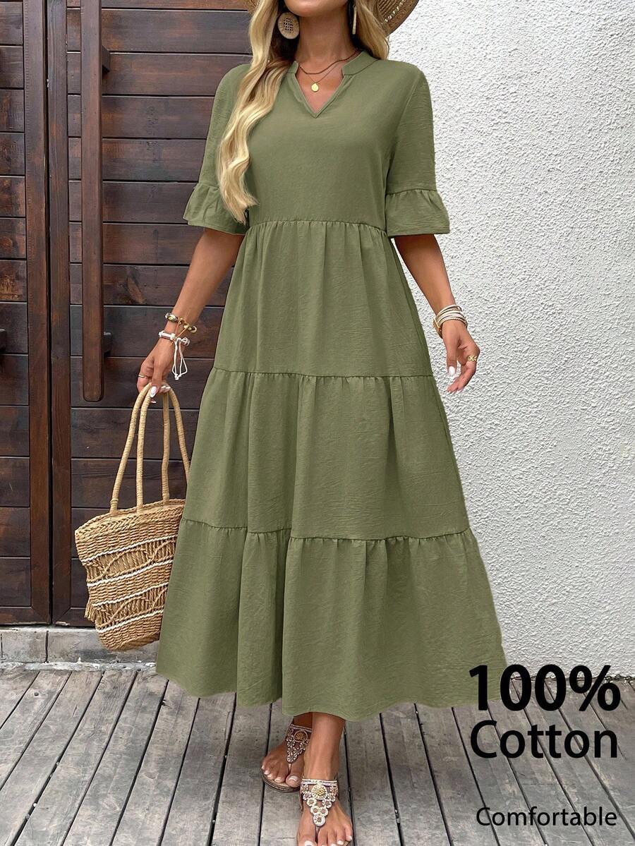 EMERY ROSE Đầm cổ khoét màu trơn đơn giản cho kỳ nghỉ của phụ nữ - màu xanh lá - Xem 1
