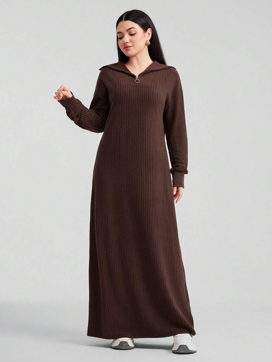 Veilorie Casual Solid Color Long Sleeve Loose Long Hoodie For Women - Coffee Brown - View 1