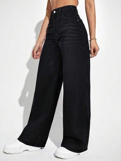 Button Front Pocket Simplistic Denim Jeans, Casual Everyday Wear Thickened Denim Warm Denim