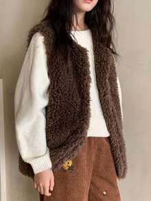 DAZY Tween Girls Faux Fur Vest Jacket - Coffee Brown - View 7