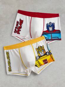Transformers X SHEIN 男士舒适柔软透气字母机器人印花平角内裤 - 白色 - 查看 1