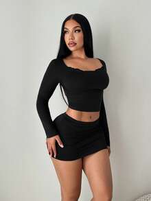 SHEIN SXY 蕾丝领拼接性感可爱黑色长袖T恤 - 黑色 - 查看 5