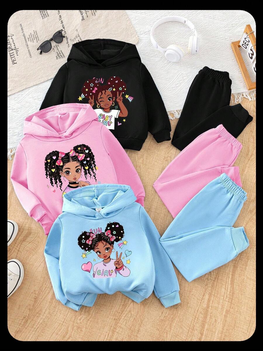 SHEIN 3 件套年轻女孩休闲时尚可爱卡通女孩印花连帽衫和裤子套装,秋冬,蓝色、粉色、黑色运动衫套装,适合日常、运动和学校穿着 - 彩色 - 查看 1