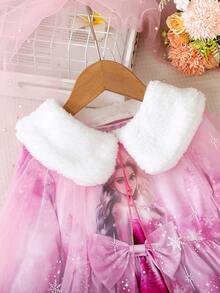 SHEIN Elladie kids Young Girl's Fashionable 2 Pieces Set: Long Sleeve Princess Dress + Mesh Cape Cloak, Suitable For Spring & Autumn - Pink - View 7