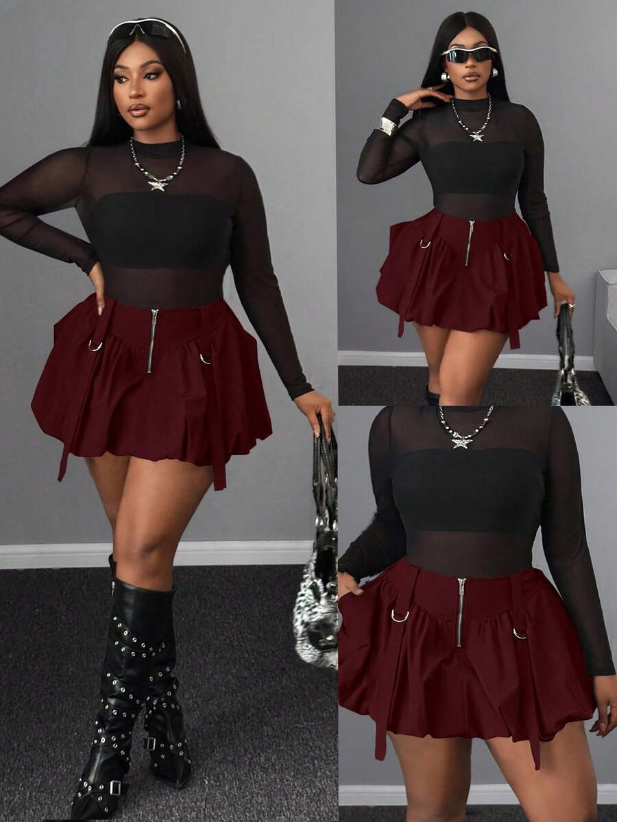 Maweii Plus Size Women Casual Ruffle Hem Solid Color Zipper Sexy Mini Skirt, Suitable For Work And Commute, Autumn/Winter - Burgundy - View 1