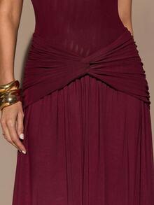 SHEIN BAE Đầm Maxi Không Tay Cổ Tròn, Thắt Lưng Xoắn Màu Đỏ Burgundy Cho Nữ, Đầm Dài Thanh Lịch, Sang Trọng, Thích Hợp Cho Ngày Lễ Tình Nhân, Tiệc Tùng, Hẹn Hò Lãng Mạn, Phù Dâu, Sinh Nhật, Giáng Sinh - Màu Đỏ Sâu - Xem 6