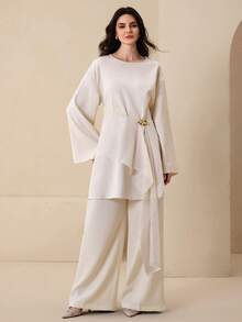 Graceveil Áo sơ mi nữ dài tay thiết kế bất đối xứng khóa kim loại viền bèo nhún - Màu be - Xem 10