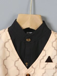 SHEIN 3件套男婴春秋季中东风情印花无袖背心+黑色纯色休闲简约立领半开襟长袖衬衫长袍+松紧腰裤，适合派对、外出和日常穿着。男婴立领套装，优雅婴儿服，阿拉伯风格婴儿服装，男婴套装 - 黑色 - 查看 4