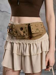 ROMWE Hippie 1 X Vintage Bohemian Brown Belt Bag With Mixed Buttons And Rivets - Unique Handmade Belt Bag (Button Pattern And Size Random) - Khaki - View 4