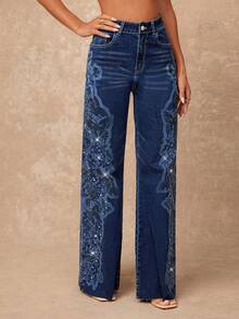 Lumalex VITNOS Navy Blue Autumn 90s Wide Leg Cotton Denim Jeans,Laser Engraved Floral Pattern Rhinestone Embellished,Elegant Night Out Party Old Money Style - Blue - View 7