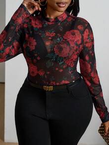 SHEIN PETITE CURVE 大码女士透视玫瑰印花衬衫，长袖修身款，女士情人节礼物 - 黑色 - 查看 7