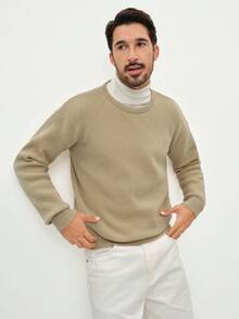 Manfinity CasualKnits Áo len dài tay cổ tròn họa tiết chữ thường dành cho nam, mùa thu/đông - Vàng nhạt - Xem 7