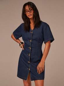 Athîral Women's V-Neck Single-Breasted Short-Sleeved Casual Denim Mini Dress, Featuring Metal Button Design, Retro Style, Slimming Waist,Autumn And Winter Outfits,New Year Dress - Blue - View 5