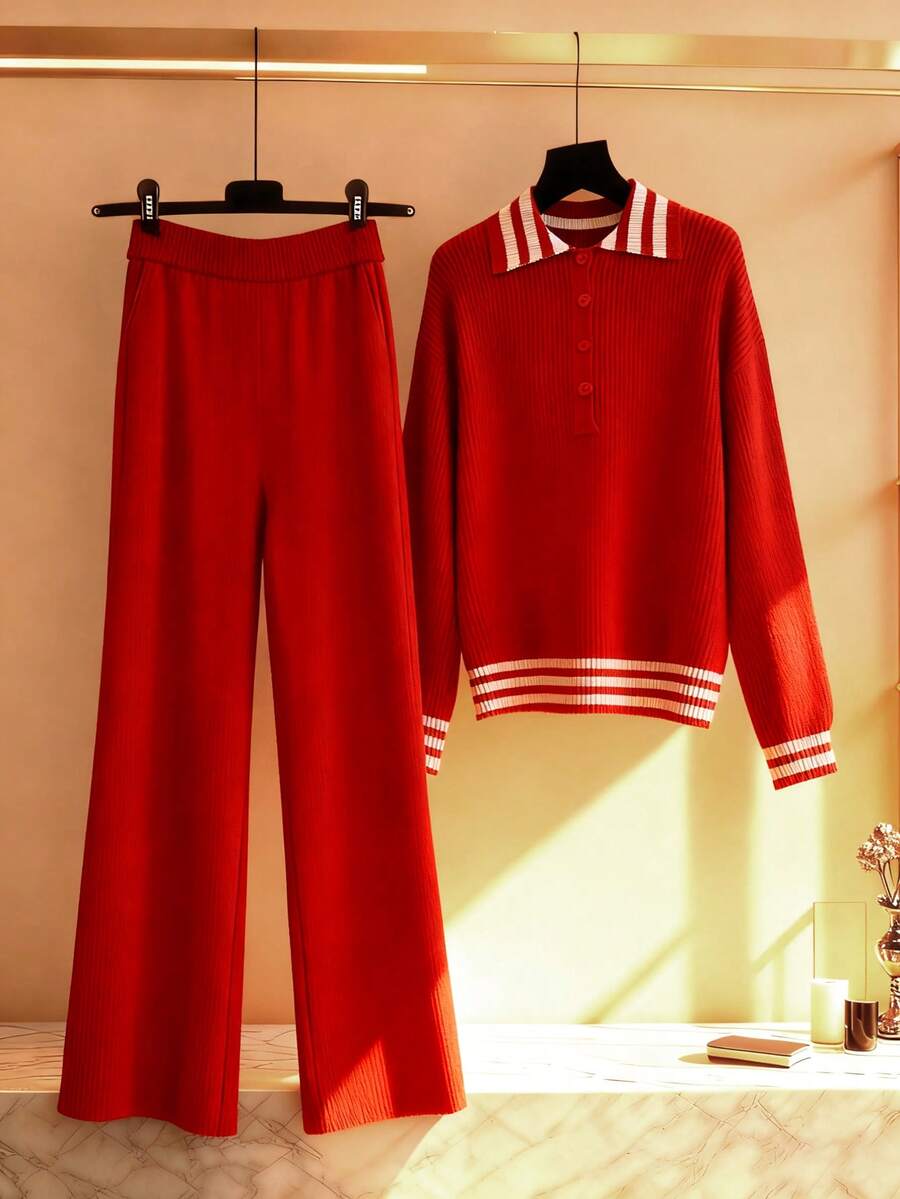 Franclia Women's Autumn And Winter Sweater, Christmas Red Business Casual Women's Polo Collar Button Long-Sleeved Pullover Top, Fitted Top Paired With Straight Loose Ribbed Trousers, Soft Knit Two-Piece Set For Commuting, Women's New Year's Clothing, Women's Winter Suit. - Red - View 1
