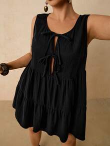 Travachic 大码休闲百搭黑色棉质系带蝴蝶结无袖迷你连衣裙 - 黑色 - 查看 7