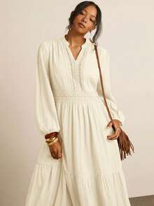 Freevana Plus Size Casual Solid Color Notched Neck Dress - Apricot - View 2