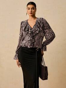 Travachic 大码女式雪纺花卉印花长袖衬衫，豹纹荷叶边下摆衬衫 - 紫紅色 - 查看 6