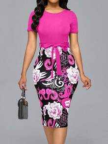 SHEIN Unity 女士优雅印花拼色通勤连衣裙 - 玫紅色 - 查看 5