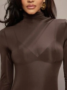 Hauture Women's Sexy Minimalist Solid Color High Neck Long Sleeve Bodysuit, Spring/Summer/Autumn - Brown - View 5