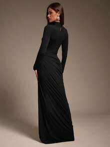 Hauture 女式性感立领褶皱不对称紧身针织弹力长袖超长连衣裙 - 黑色 - 查看 3