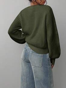 SHEIN BASICS 女款純色圓領長袖休閒寬鬆針織毛衣，秋冬季 - 軍綠色 - 查看 2