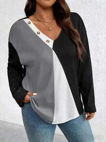 EMERY ROSE Plus Size Women V-Neck Long Sleeve T-Shirt, Patchwork Waffle Fabric With Decorative Buttons, Autumn