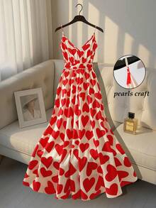 SHEIN Franclia 女士春夏新款珍珠链条吊带连衣裙，优雅长裙，V领收腰设计，心形面料，适合情人节、约会、派对、通勤等场合。 - 紅白色 - 查看 6