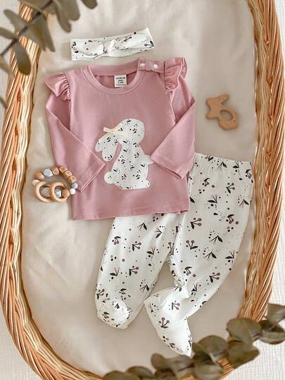 2pcs Newborn Cute Rabbit Print Top With Flutter Sleeves And All-Over Ditsy Floral Pants, Long Sleeve Casual Elegant Pajama Set Coming Home Baby Girl Outfit Baby Girl Bunny Outfit Baby Girl Pajama Cozy Baby Girl Set Baby Girl Full Sleeve With Pant