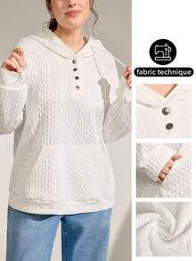 Momelise Plus Size Solid Color Half-Zip Drawstring Dropped Shoulder Long Sleeve Casual Embossed Sweatshirt - White - View 1