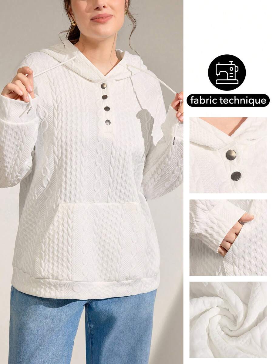Momelise Plus Size Solid Color Half-Zip Drawstring Dropped Shoulder Long Sleeve Casual Embossed Sweatshirt - White - View 1