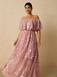 Travachic Vestido maxi elegante y romántico de hombros descubiertos con mangas de murciélago en color rosa para mujeres de talla grande para fiestas y días festivos - Rosa - Ver 7