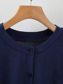 GlowEve CURVE Plus Size Women's Solid Color Round Neck Button Down Waist Tie Bow Blouse, Elegant Casual Everyday Shirt - Blue - View 4