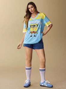 SpongeBob SquarePants | SHEIN 女士休闲撞色卡通图案V领短袖T恤，夏季 - 藍色 - 查看 5