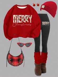 SHEIN Leap Crew 圣诞系列，酒红色，复古贴花圣诞快乐字母图案印花，少女休闲加厚柔软舒适长袖圆领卫衣和打底裤两件套，适合秋冬季日常穿着、圣诞派对、新年、街头风、居家穿着。 - 彩色 - 查看 1