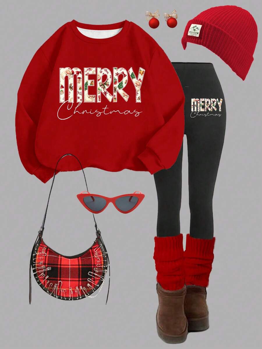 SHEIN Leap Crew 圣诞系列，酒红色，复古贴花圣诞快乐字母图案印花，少女休闲加厚柔软舒适长袖圆领卫衣和打底裤两件套，适合秋冬季日常穿着、圣诞派对、新年、街头风、居家穿着。 - 彩色 - 查看 1