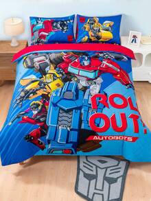 Transformers X SHEIN 3pcs Cartoon Car Print Quilt Cover Set, Sanded Material, Soft And Warm, Blue Quilt Cover, Multiple Sizes, Suitable For Single Bed/Double Bed/Queen Bed/King Bed,Gift Ideas - 彩色 - 查看 2
