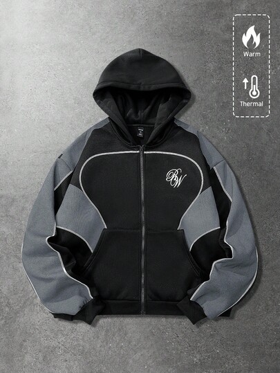 Street Life Felpa con cappuccio e chiusura lampo con grafica a patchwork e lettering, per uomo, adatta per autunno e inverno