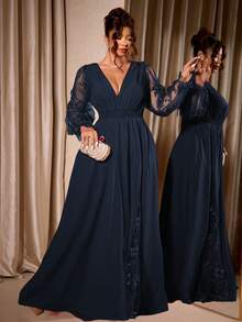 Cravure Plus Size Women's Elegant Deep V-Neck Lace Patchwork Long Sleeve High Slit Maxi Dress, Suitable For Graduation, Holidays, Valentine's Day, Christmas, Music Festivals, Mother's Day, Halloween, Thanksgiving, Easter, National Day, Balls, Dates, Parties, Weddings, Outdoor Trips, Etc. - Navy Blue - View 6