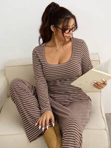 SHEIN Frenchy Plus Size Women Square Neck Striped Long Sleeve T-Shirt And Wide Leg Pants Casual 2 Pieces Set Spring - Multicolor - View 6