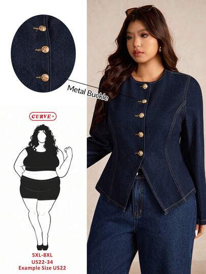 SHEIN CURVE+ Plus Size Women's Round Neck Vintage Long Sleeve Single-Breasted Casual Denim Jacket, Autumn, Christmas,New Year